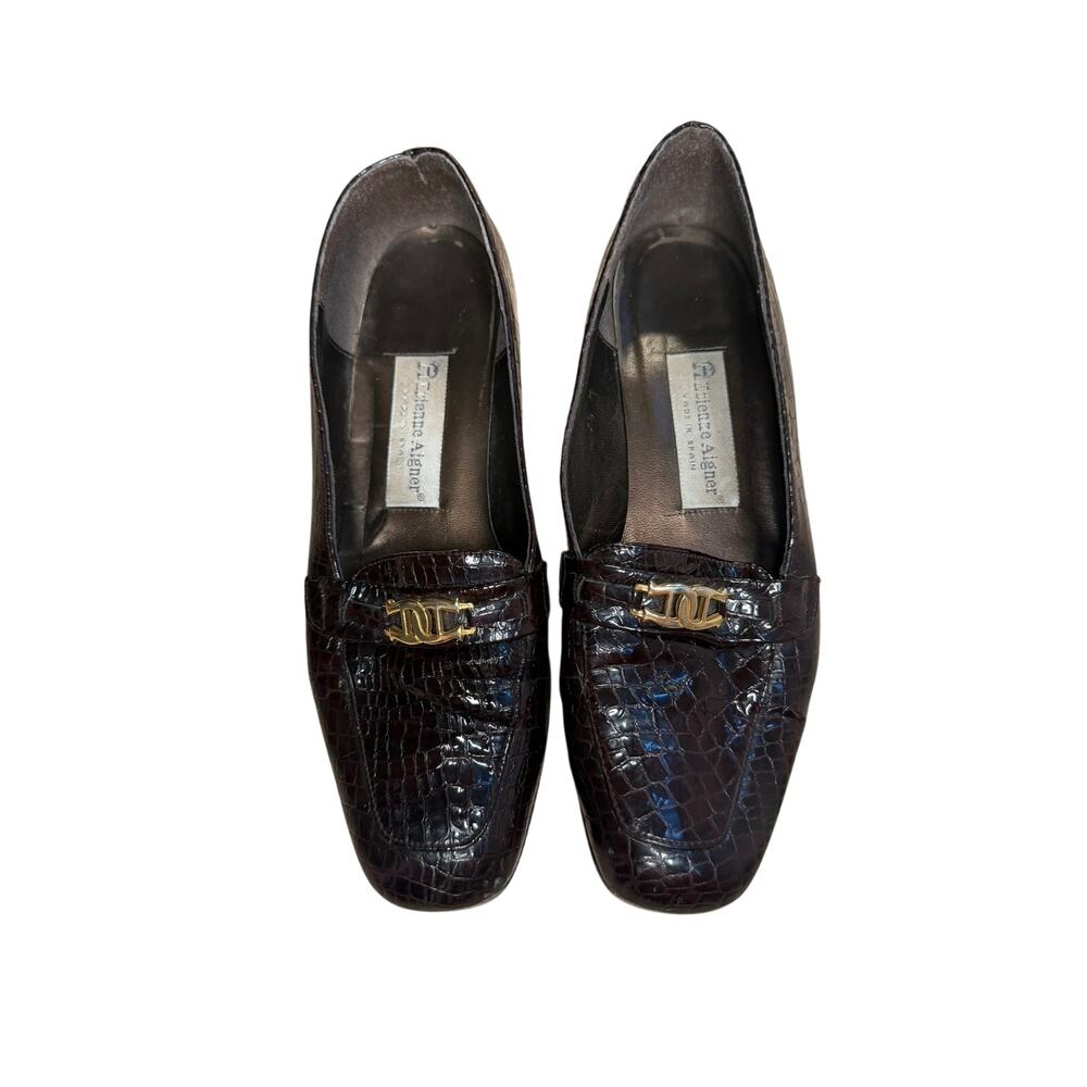 Etienne Aigner Valentine Brown Croc Embossed Leather Loafers | Size 7.5 M